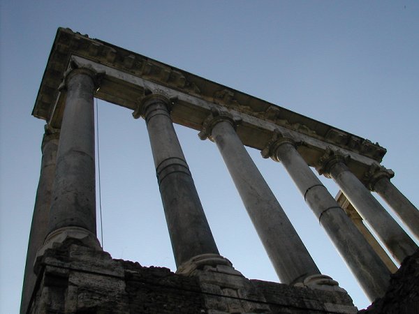 shot from below of columns against the sky, Forum of Rome