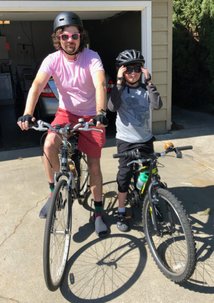 Brendan and Mitchell about to go biking.a