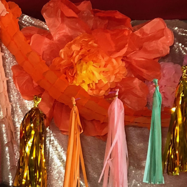 paper flower and colored paper tassels - wedding decorations