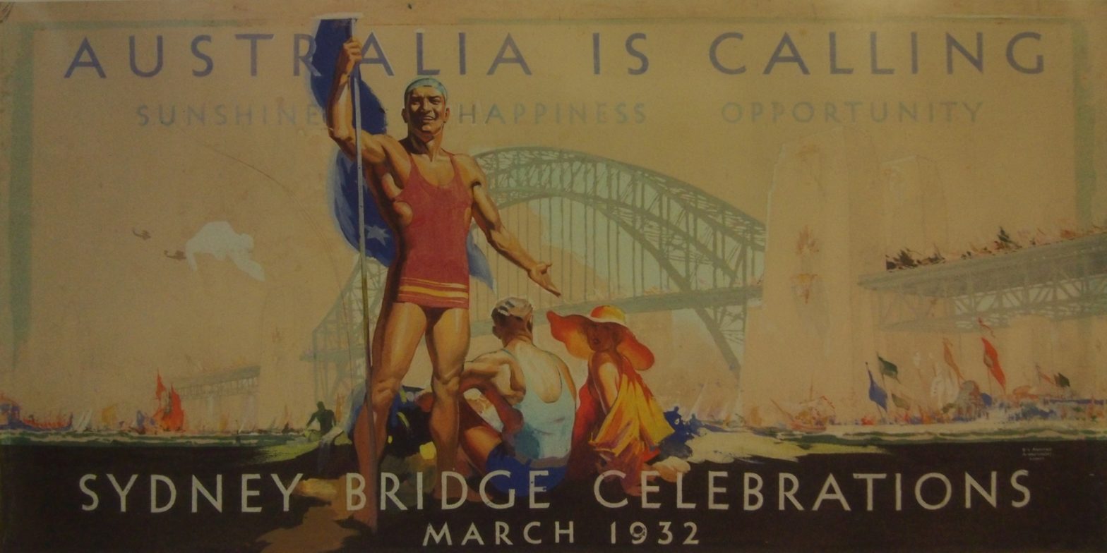 vintage poster from the Sydney Bridge Celebration 1932 showing a muscular man in a bathing suit with a flag, other people in beachwear, with the Sydney Harbour Bridge in the background and the slogal "Australia is calling: sunshine, happiness, opportunity",