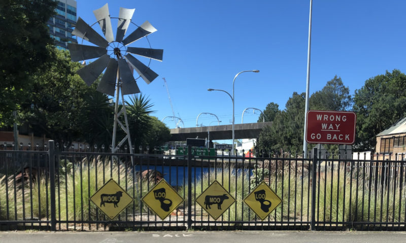 signs spelling out "Wool" (icon of a sheep), "loo" (icon of a toilet), "moo" (cow), "loo" (toilet again)