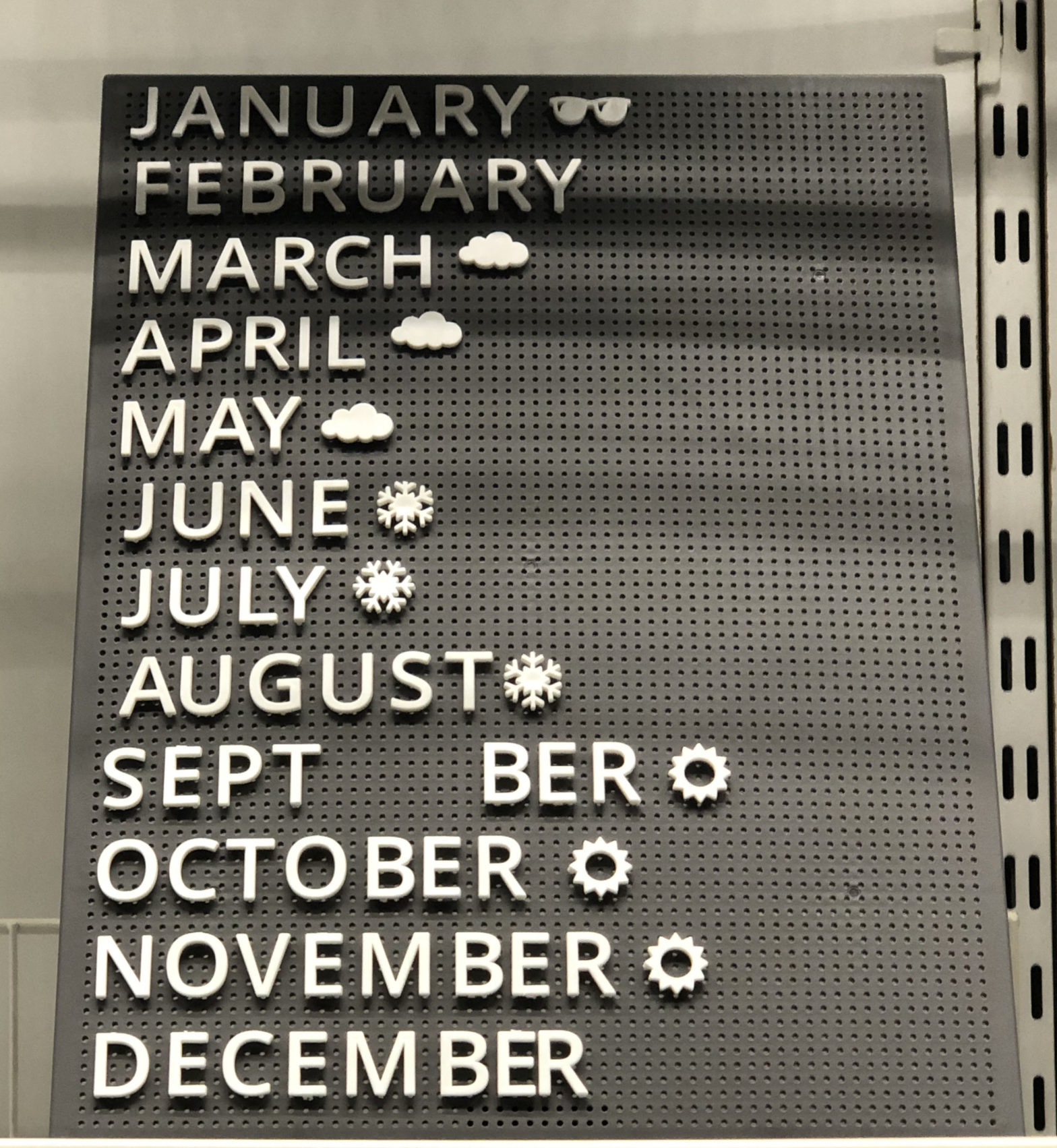 sign with Aussie-appropriate symbols next to month names - sunglasses in January, snowflake in July