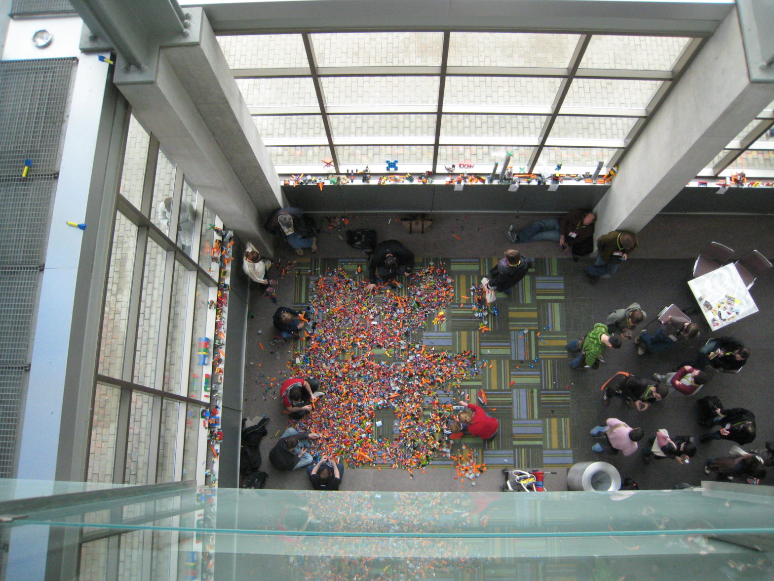 overhead view of people playing in the Lego pit, Austin Conference Center, SxSW 2009