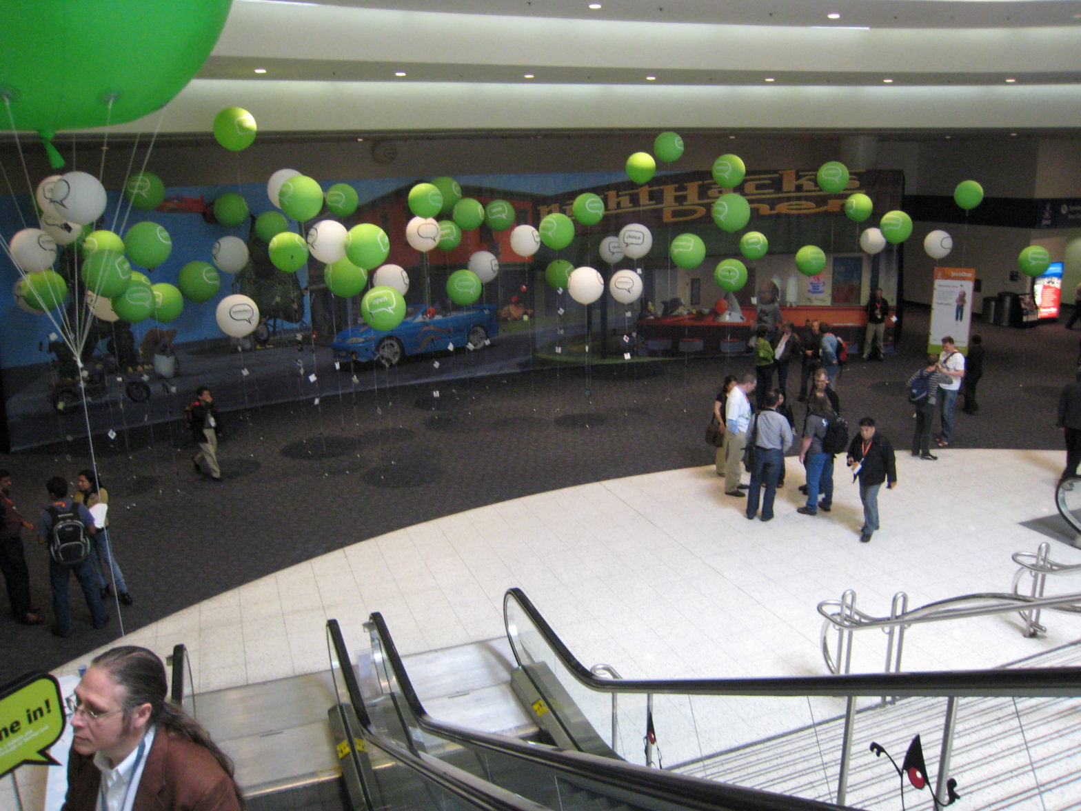 balloons in a large atrium, Moscone Center