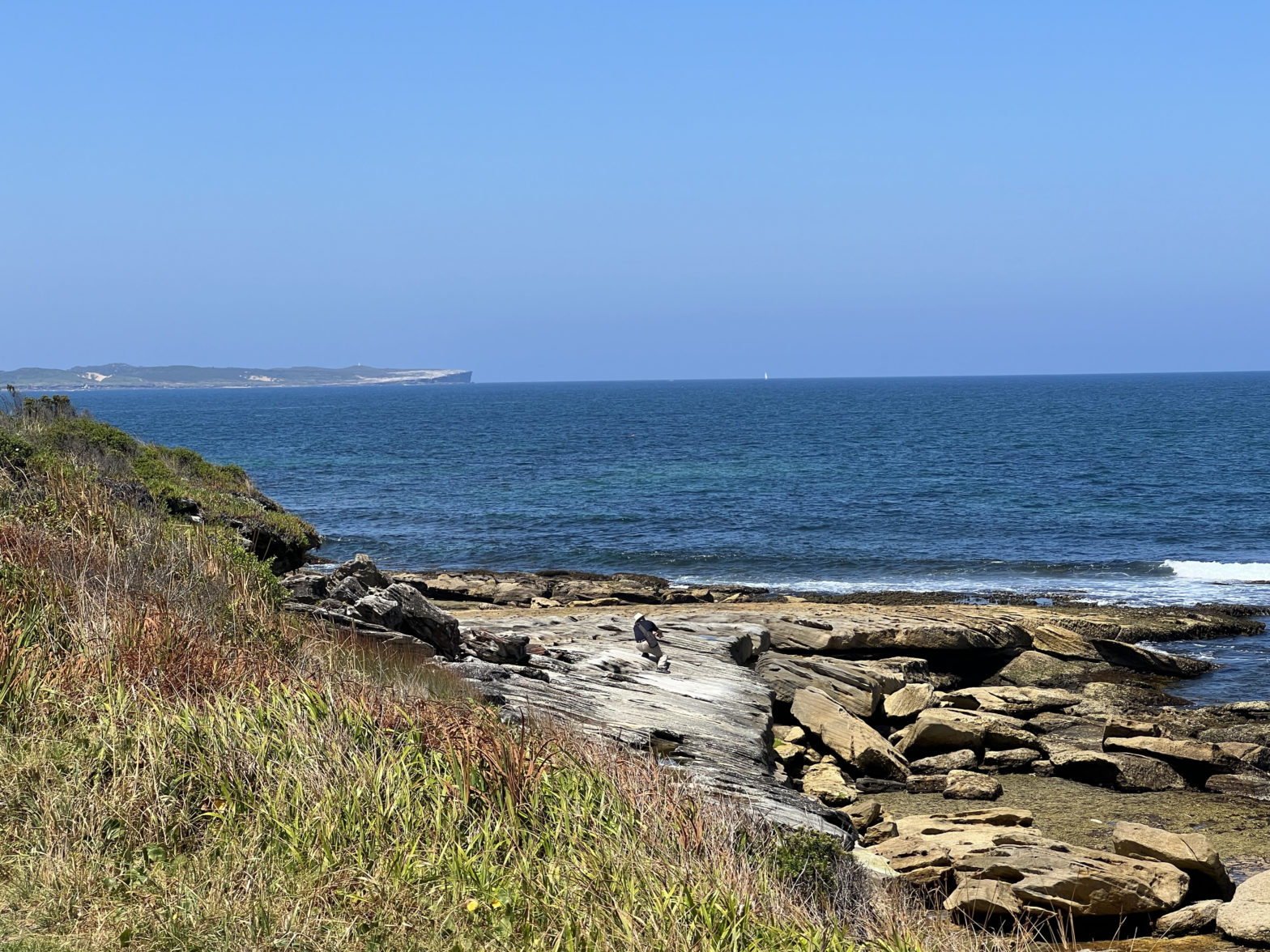 A seaside cliff (Potter Point) hazy in the distance across the dark blue waters of Bate Bay, viewed from the South Cronulla esplanade. In the middle ground, a man in a sun hat does something mysterious on the buff-colored seaside rocks. The sky is pale blue with a distant purplish haze.