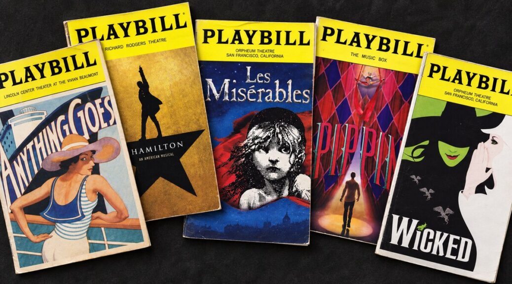 Collage of colourful Playbill covers for Anything Goes, Hamilton, Les Misérables, Pippin, and Wicked, arranged against a dark background.